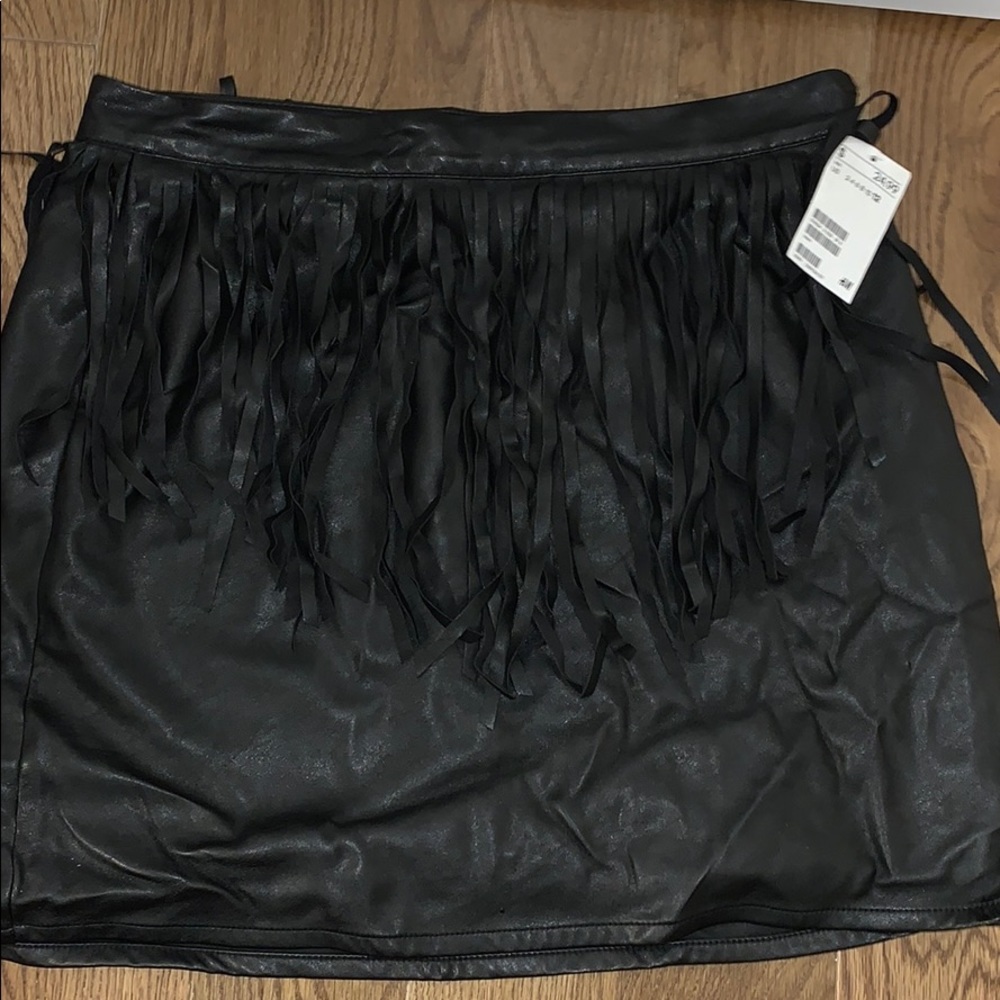 Black fringe faux leather skirt